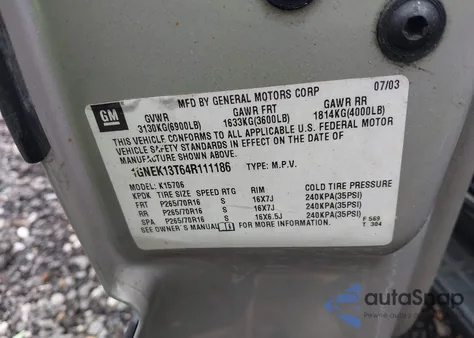 2004 Chevrolet Tahoe Ls из США, поврежденный, VIN 1GNEK13T64R111186